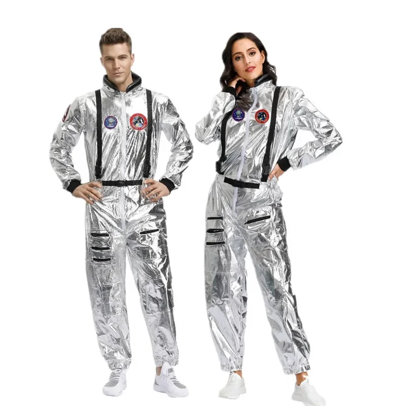 

Adult Couple Silver Alien Astronaut Spaceman Cosplay Jumpsuit Halloween Party Space Astronaut Pilot Costume