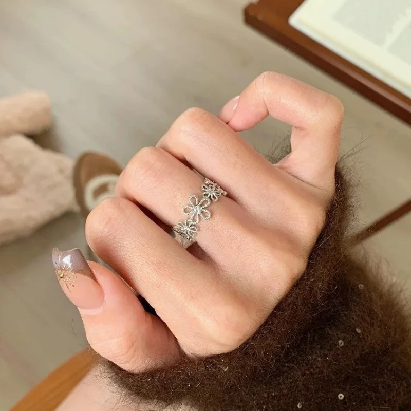 خاتم زهرة الدانتيل الرجعية مع زخرفة الماس، خاتم البنصر النحيف الفاخر الفريد للنساء #3