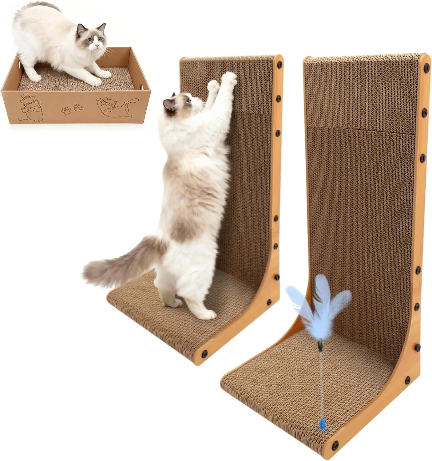 

Cat Scratching Post, 3-in1 Scratching Board for Indoor Cats, 2PK 22in L-Shaped Cat Scratcher with 1PK Cardboard Box Scra