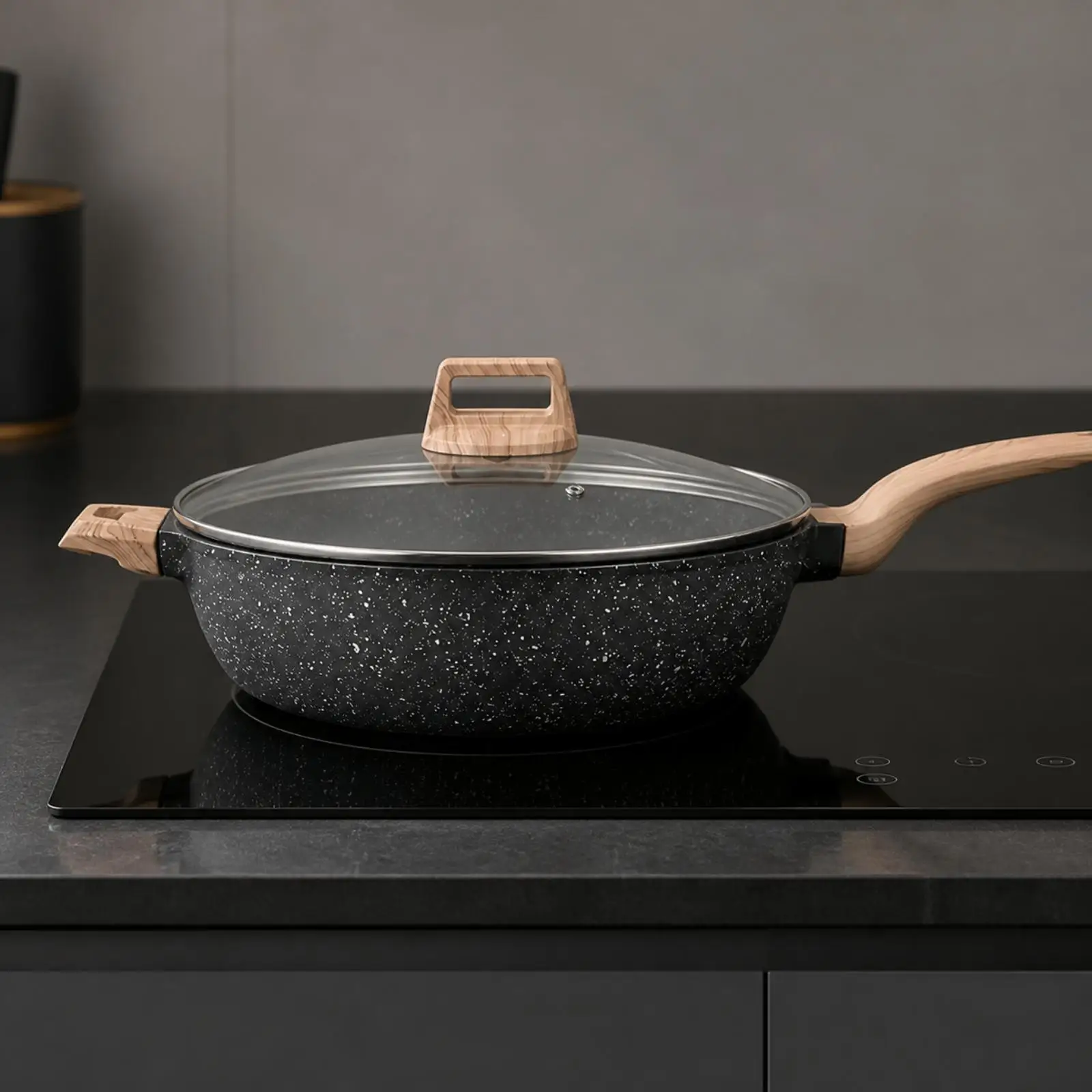 Kitchen Nonstick Cooking Pan with See Through Lid Wood Grain Knob for Frying and Simmering Meals