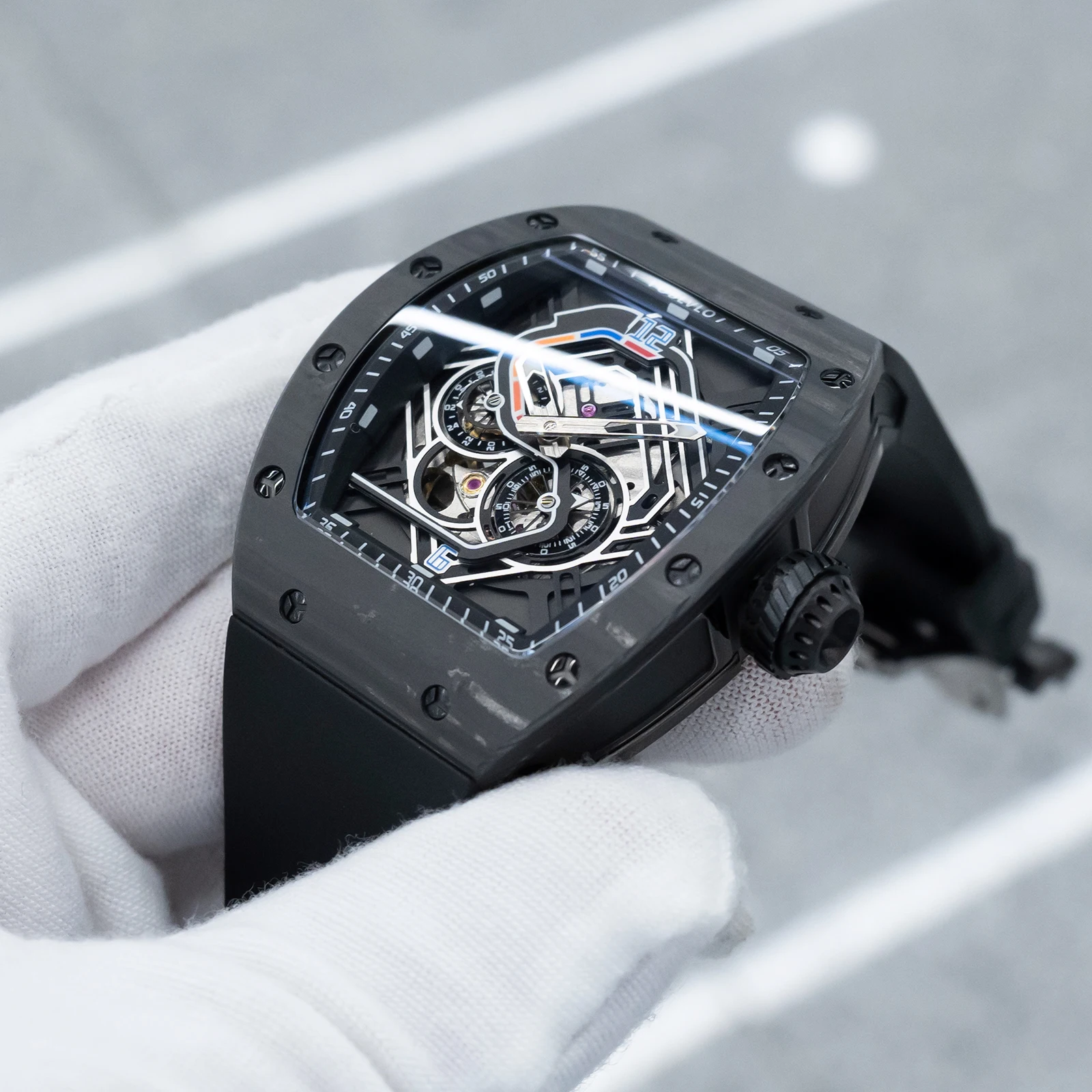 

OBLVLO Men's Trendy Full Black PVD Racing Style Skeleton Watch Analog Mechanical Tonneau Rubber Band Sport Relojes XM-Racing