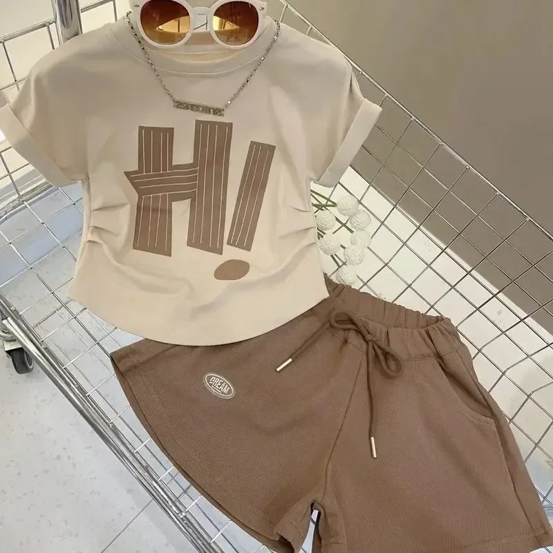 Girls Clothes Sets New Summer Children Short-sleeved Suit Teenage Girls Letter T-shirt Shorts Tracksuit Outfit Clothing Set