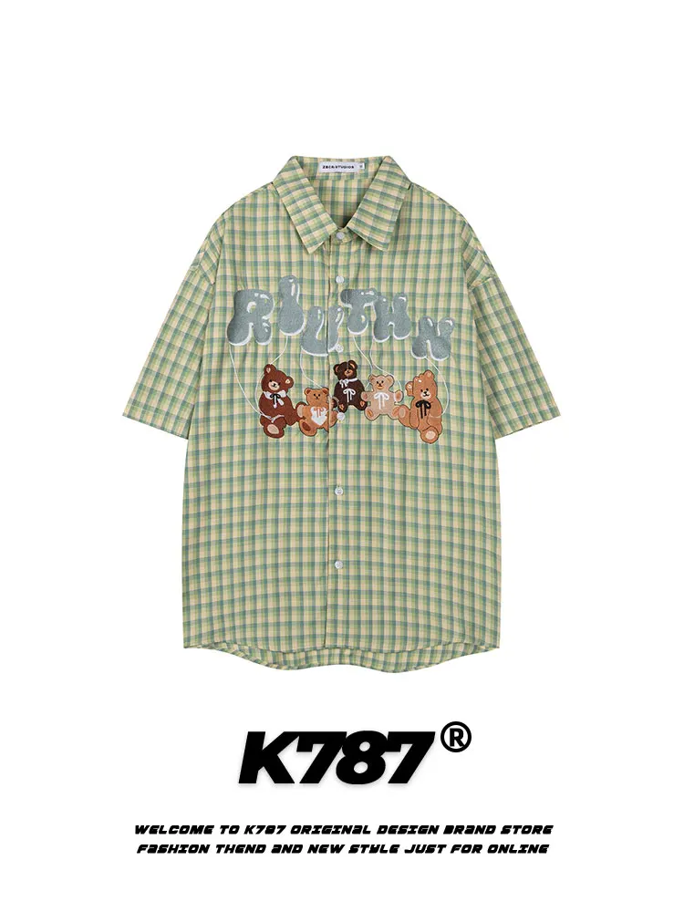 

K787 American Retro Bear Embroidery Plaid ort Sve Loose Men's irt Cartoon Fun Couple f Sve Open Cardigan