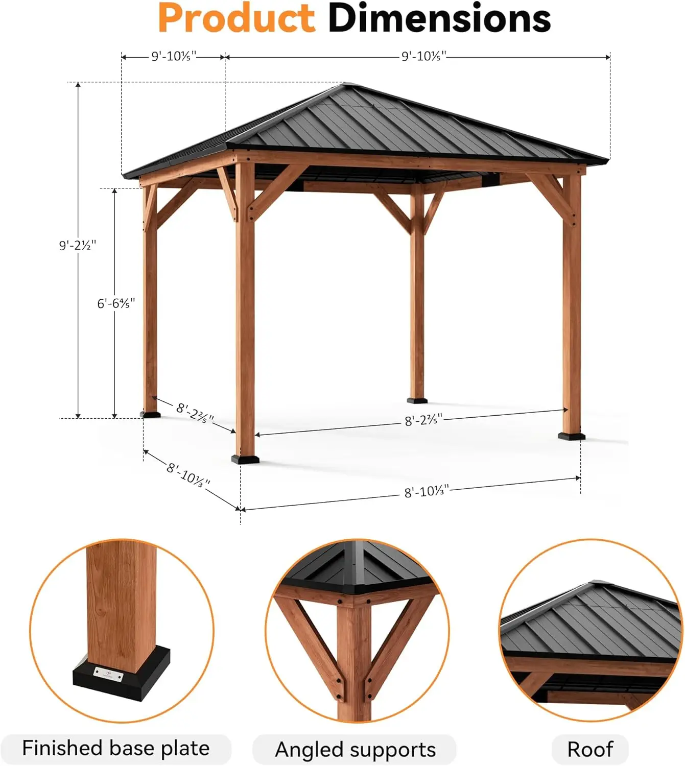 10x10ft Modern Hardtop Wood Gazebo, Galvanized Steel & Polycarbonate Hip Roof, Cedar Frame for Garden/Backyard