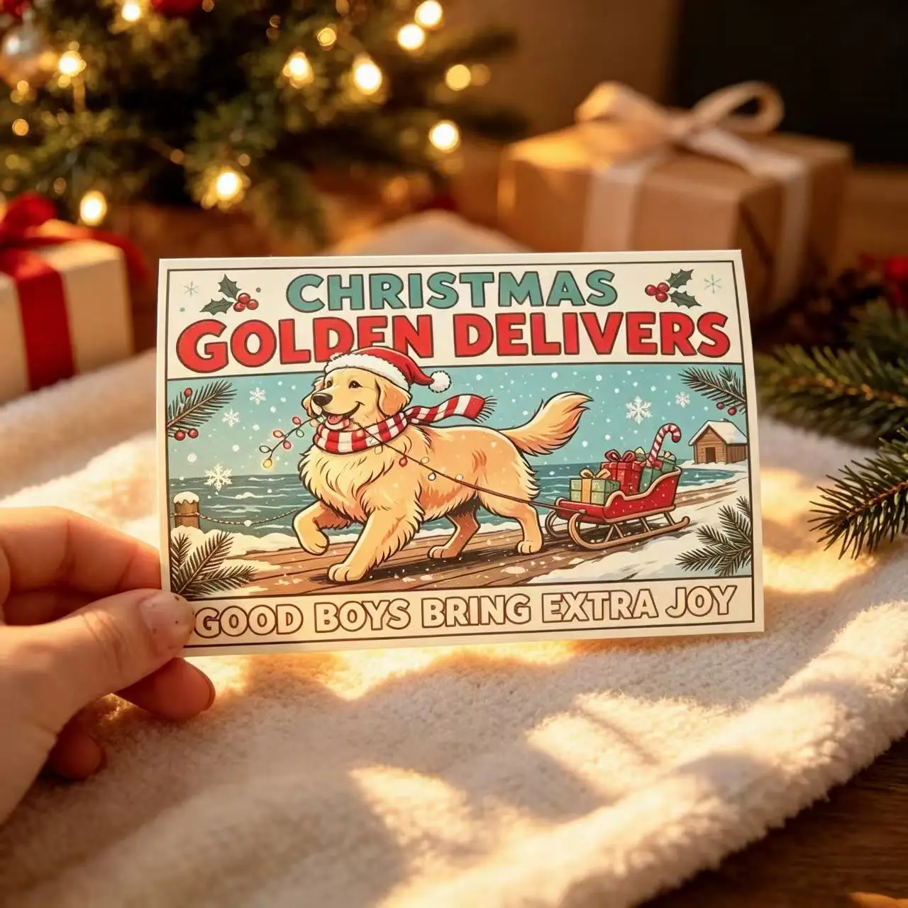 Golden Retriever Dog Christmas Greeting Card, Funny Xmas Holiday Wish Card, Cute Cartoon Pet Dog Pulling Sleigh Gifts Design, Bl