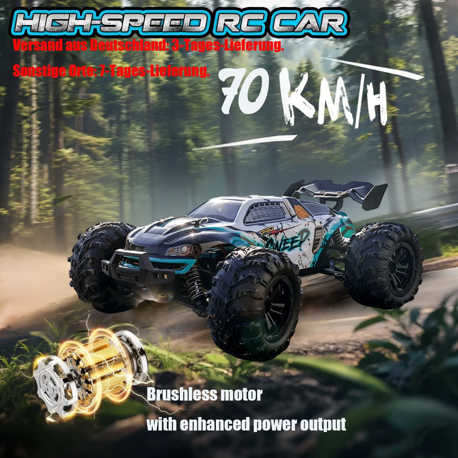 1:16 2,4 GHz de alta velocidade 70 km / h Monster Off-Road RC Car com farol LED e bateria recarregável - presentes de Natal / aniversário