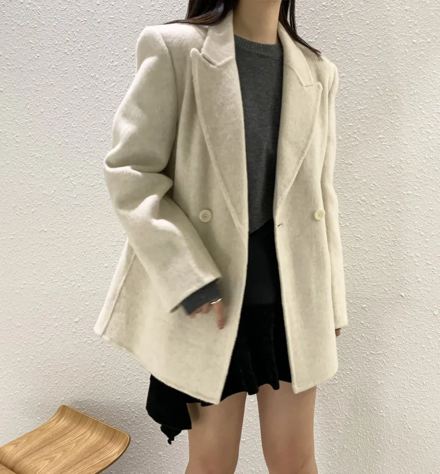 Autumn and Winter New High-end Women's Suit Long-sleeved Woolen Jacket Solid All-match Coat Double-breasted Office Lady Suit Top