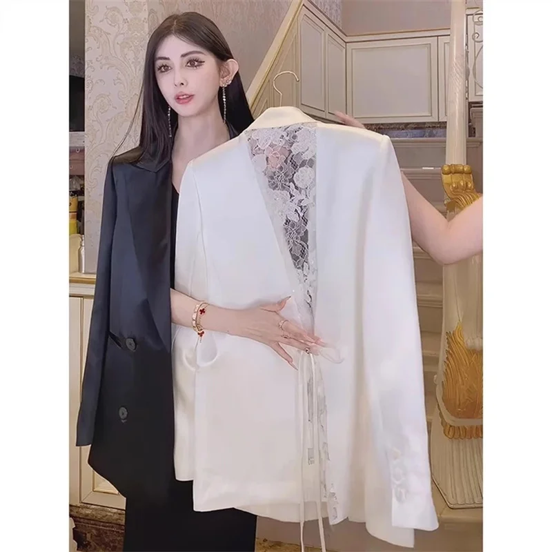 

Women's Design Sense Black Blazer New Loose Muse Fan Back Lace Splicing One Button Small Suit Coat Spring Ladies Chic Outwear