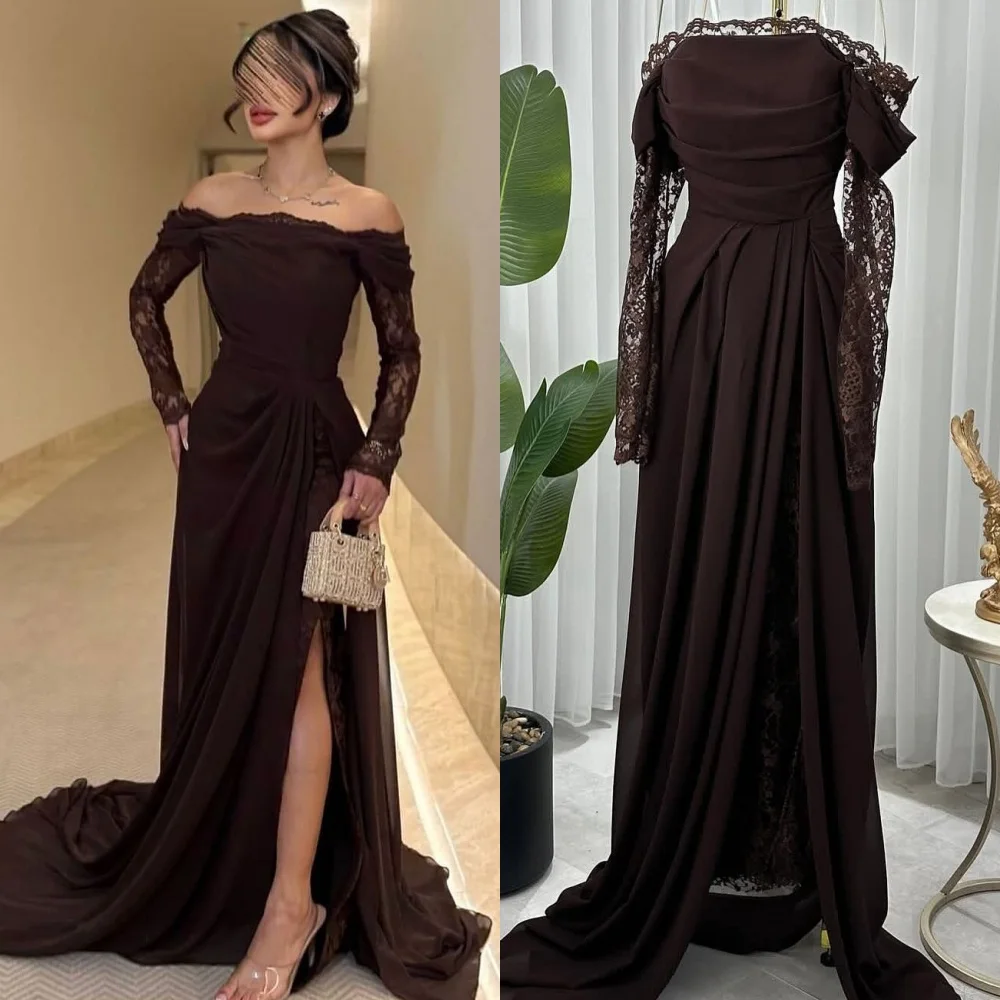 Customized High Quality audurn Chiffon Evening Dress Exquisite Boat Neck Off the Shoulder Lace Long Sleeves Cocktail Dress