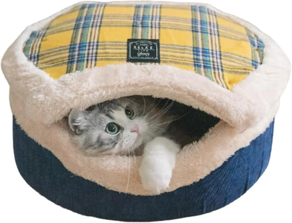 

Cozy Cat Cave Bed with Removable Lid & Mat, Plush Hideaway for Indoor Kittens in Yellow