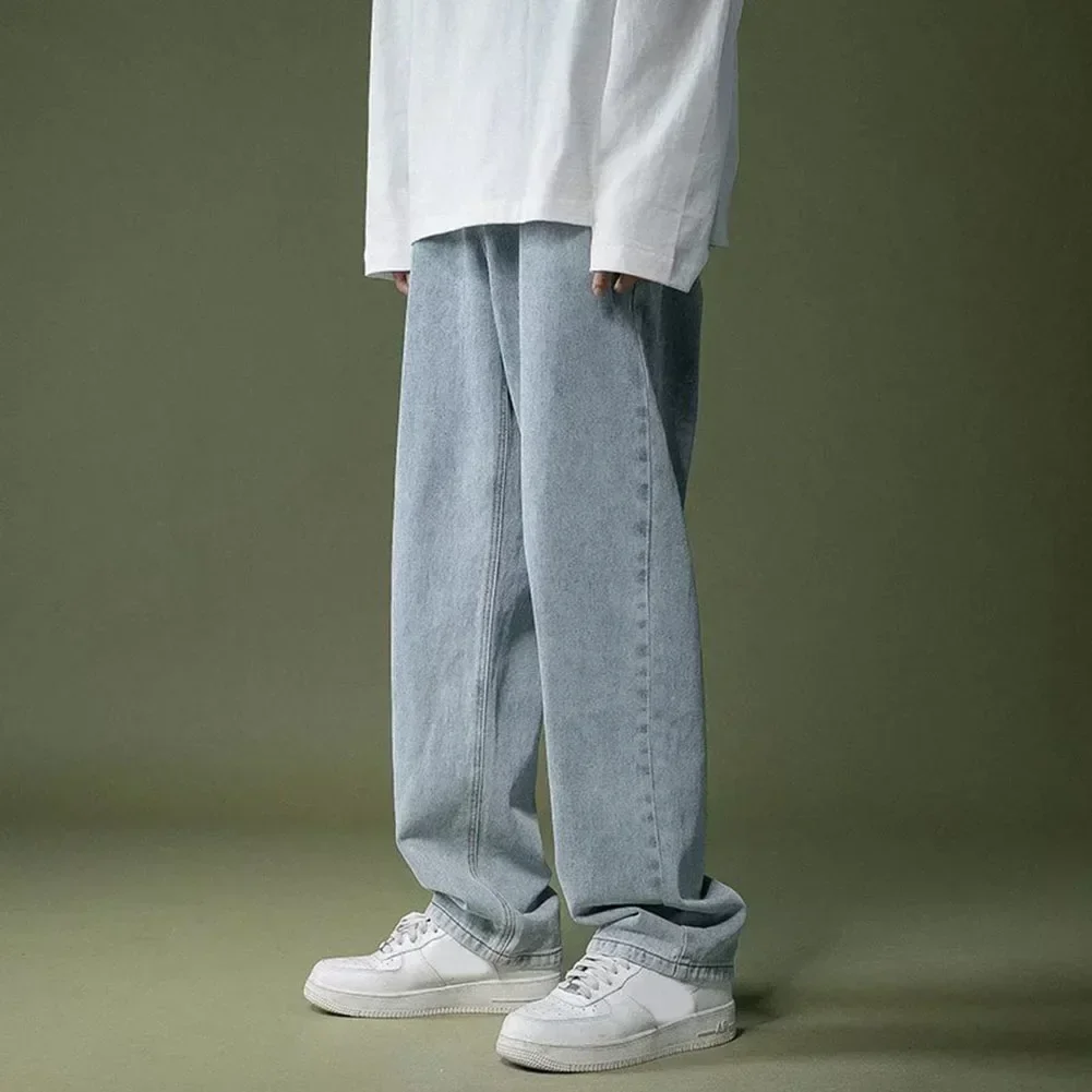 

Fashion Holiday Men Trousers Pants Student Summer Waist Wide-leg Baggy Jeans Cotton Blend Elastic Korean Style