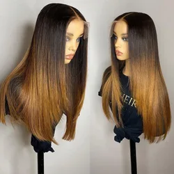 Peruca frontal de renda sintética para mulheres negras, longa, pré-arrancada, ombre, marrom, loiro, sedoso, reto, babyhair, resistente ao calor, 26