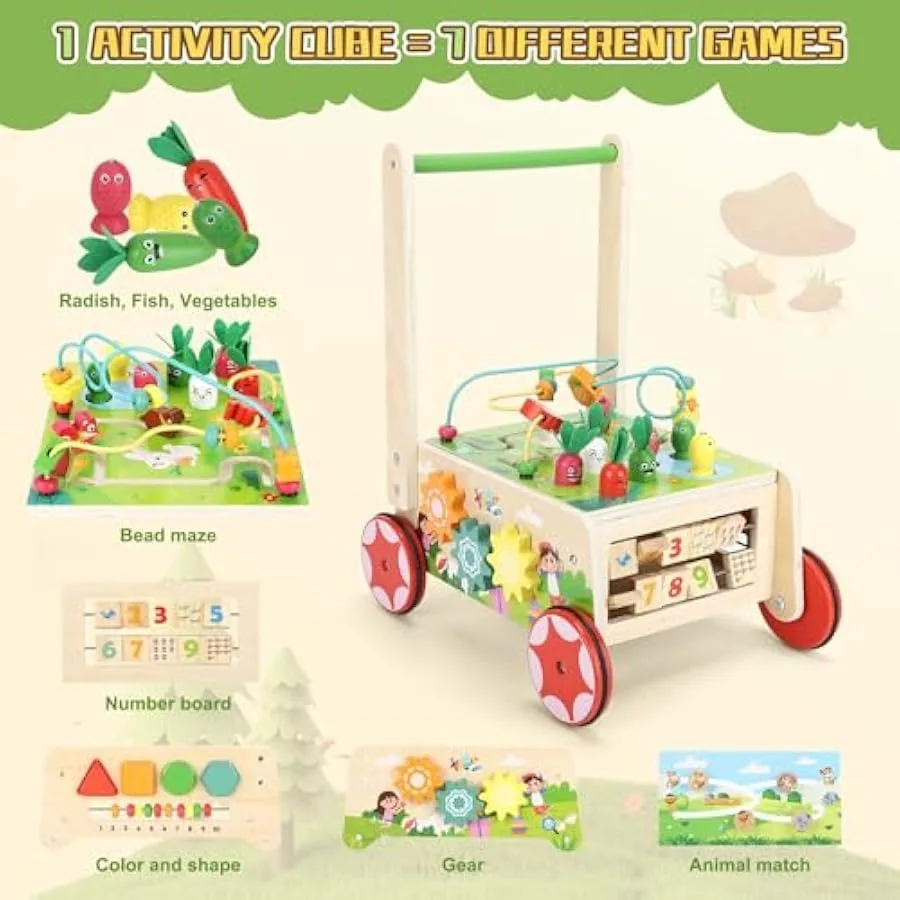 Wooden Activity Cube Baby Push Walker Montessori Toys Multipurpose Educational Learning Toy for 1 Year Old Baby Toddler Kid Boy