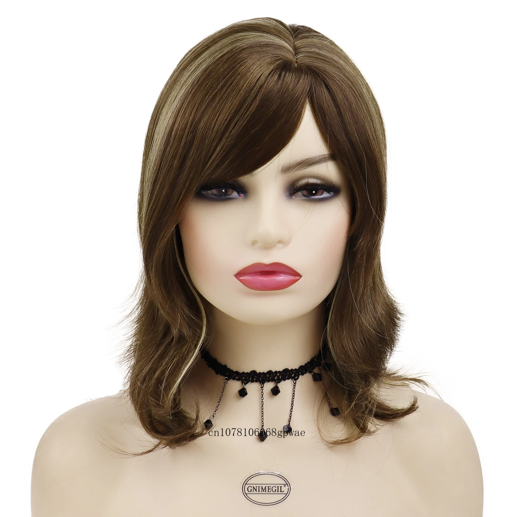 Medium Length Natural Brown Wigs Synthetic Hair Straight Silky Wigs with Bangs for Women Lady Daily Costume Party Heat Resistant