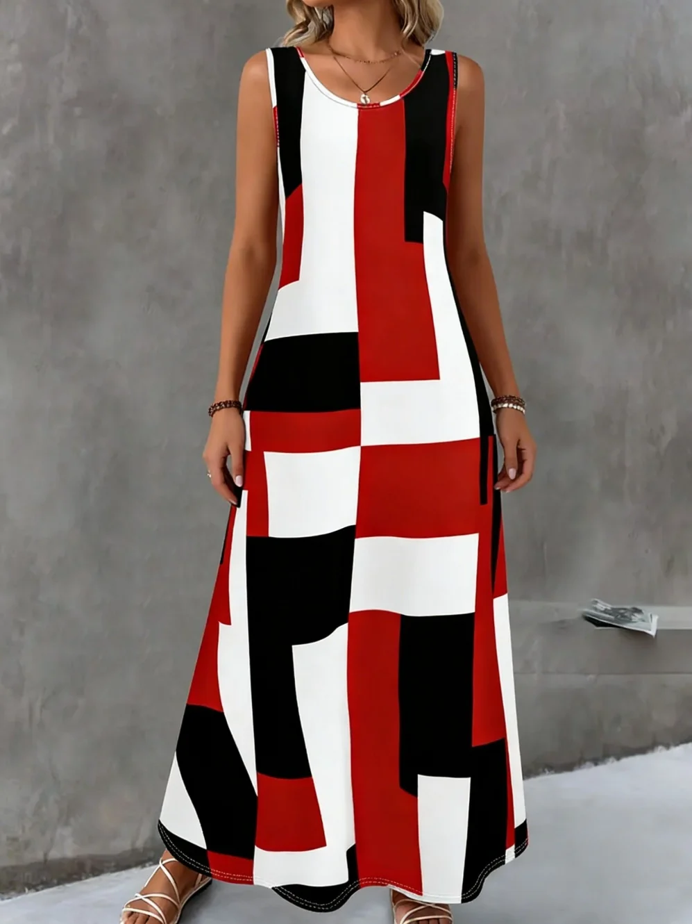 Damen-Sommerkleid, einfaches Gittermuster-Design, modisches Rundhals-Design, Damenkleidung, lässig, cool, sexy, ärmellose Kleider für Damen – Detail 9