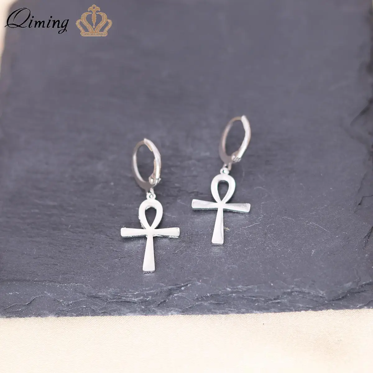 QIMING Ankh Cross Hoop Earrings For Women Men Egypt Jewelry Vintage Piercing Ear Religious Earrings Gift