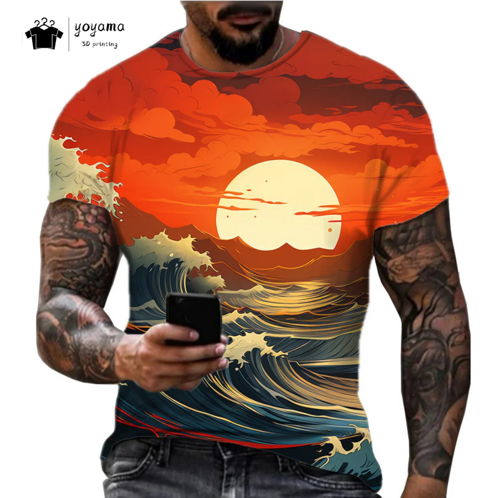 

Summer Men's T-Shirt Ocean Landscape Printing Loose Men's Clothing Fashion Oversized Men Short Sleeved Breathable O-Neck Men Top