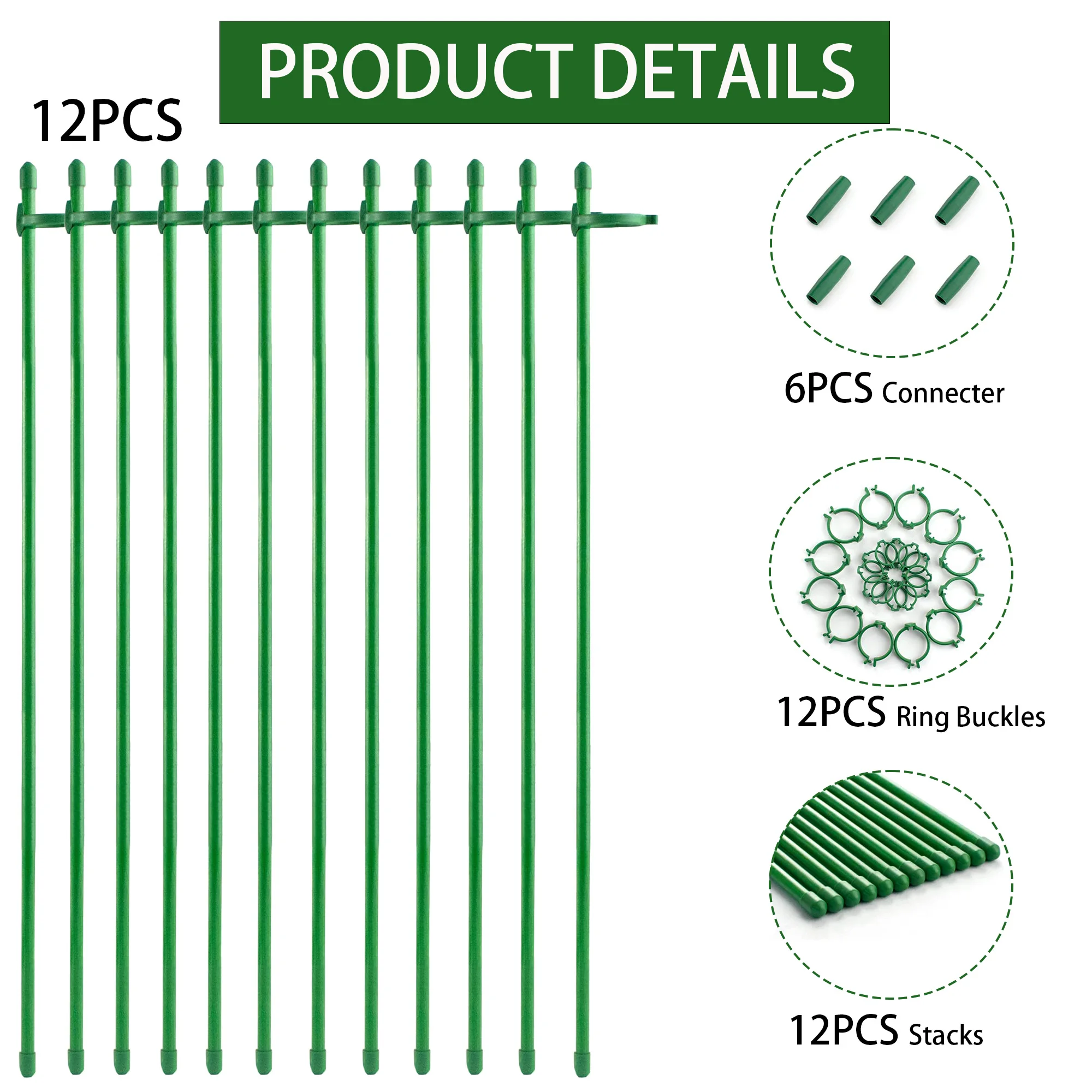 12/20Pcs Plant Stakes,18 Inch, Green Plant Sticks Support,  Adjustable Garden Single Stem Support Stake