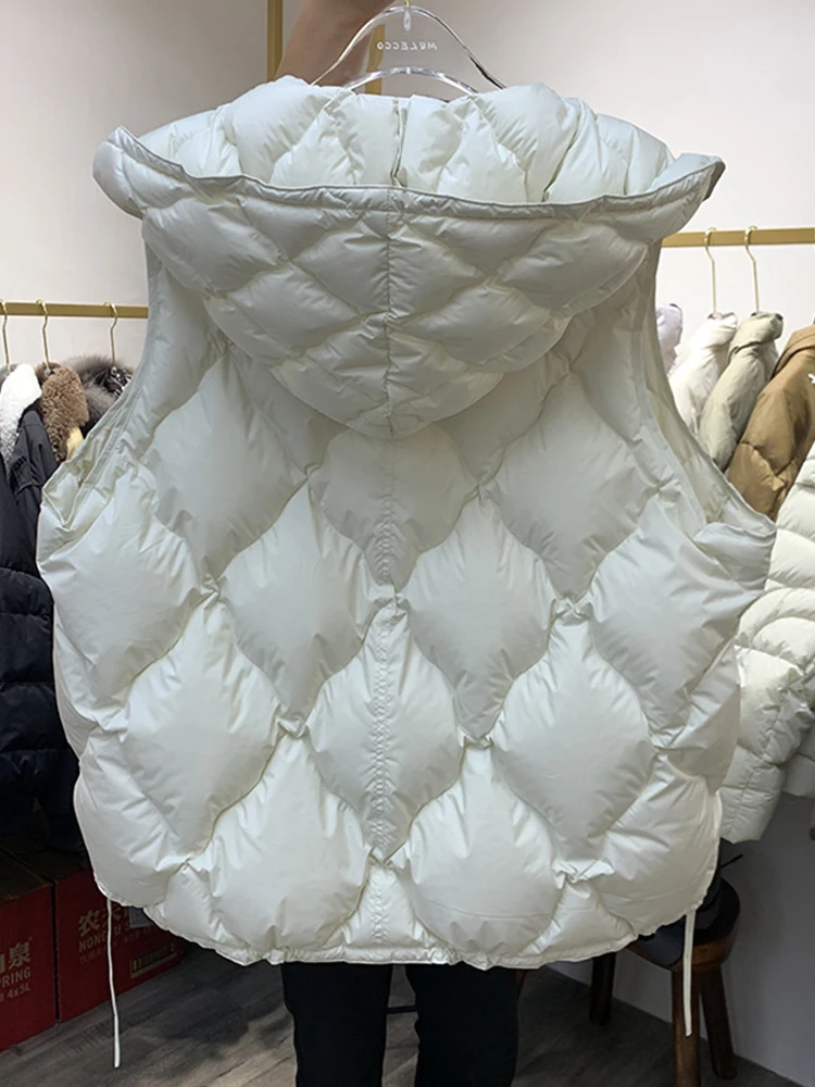 FTLZZ Winter Female Hooded Single Breasted Sleeveless Vest Jacket Women White Duck Down Coat Casual Lady Puffer Outwear