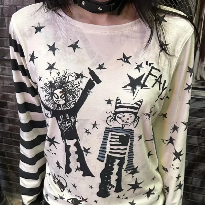 

Pure Cotton Subculture Millennium Style Y2k Tees White Star Printed Striped Patchwork Design T-shirt Japanese Style Harajuku Top