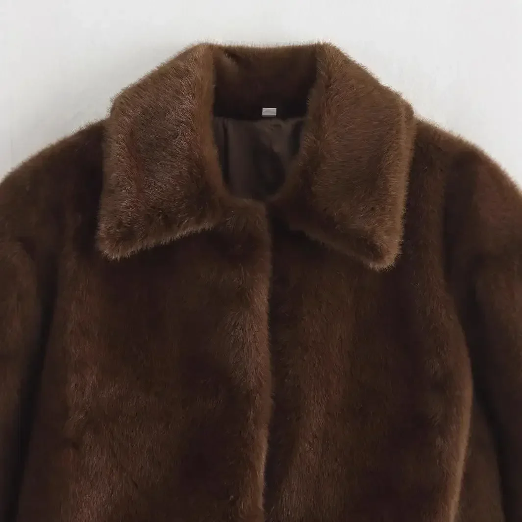 Outono novo estilo casaco de couro artificial manga cheia solto marrom gola de pele do falso jaqueta curta outerwear moda feminina