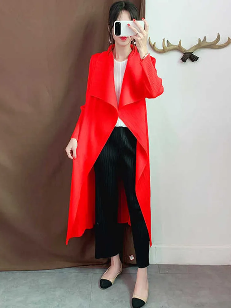 LANMREM Pleated Trench Coat For Women Lapel Long Sleeves Solid Color Loose Cardigan Outwear Clothing 2024 Spring Summer 2D1612