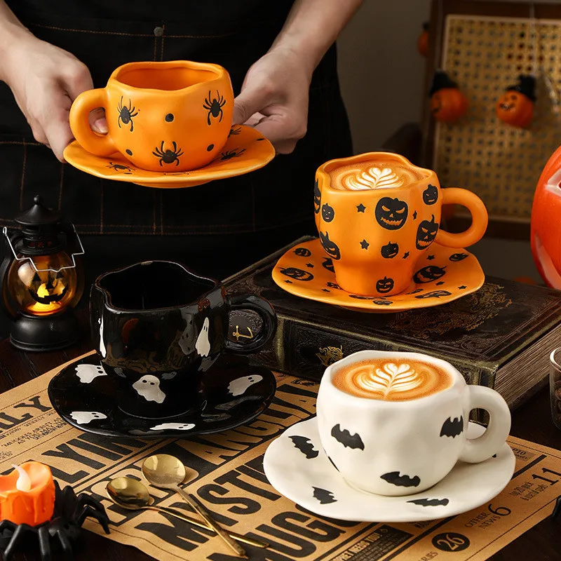 

Creative Halloween Ceramic Cups & Saucers | Irregular Personalized Coffee Mugs | Pumpkin Bat Pattern | Spooky Sips