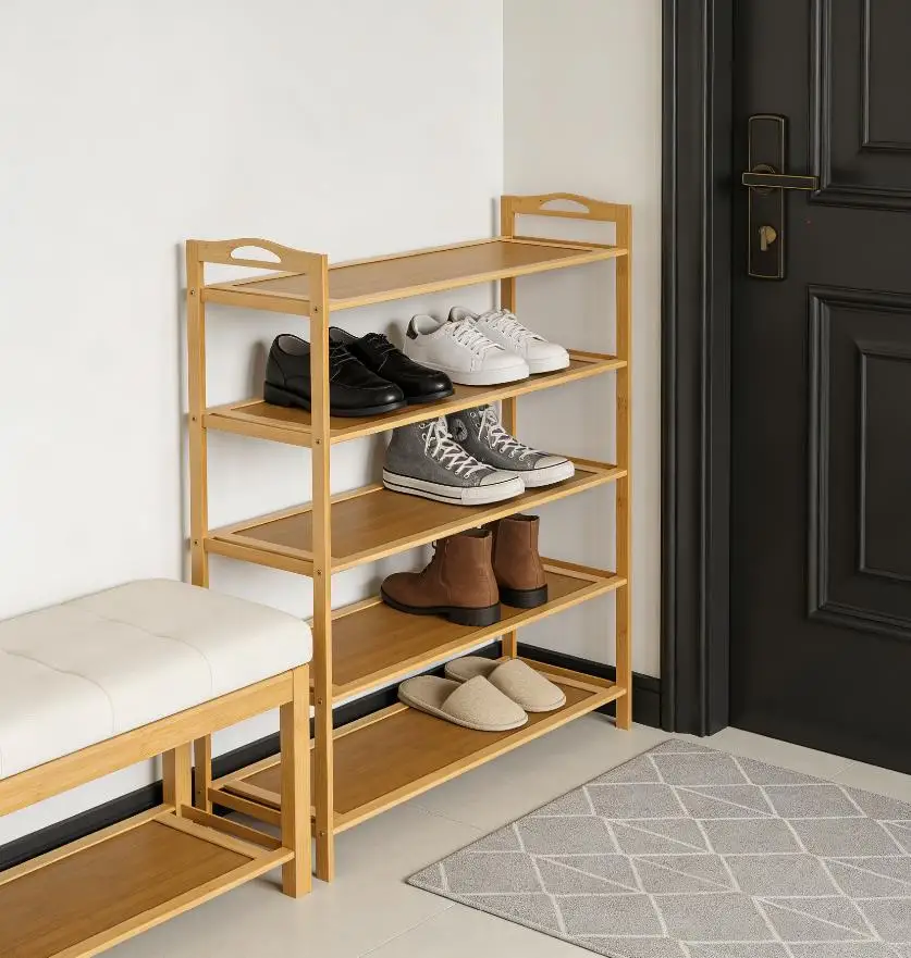 

Тумба для обуви 5-ярусная из бамбука и МДФ, 69 см, органайзер для хранения в прихожей, гардеробной, гостиной, натуральный цвет, коробки для обуви