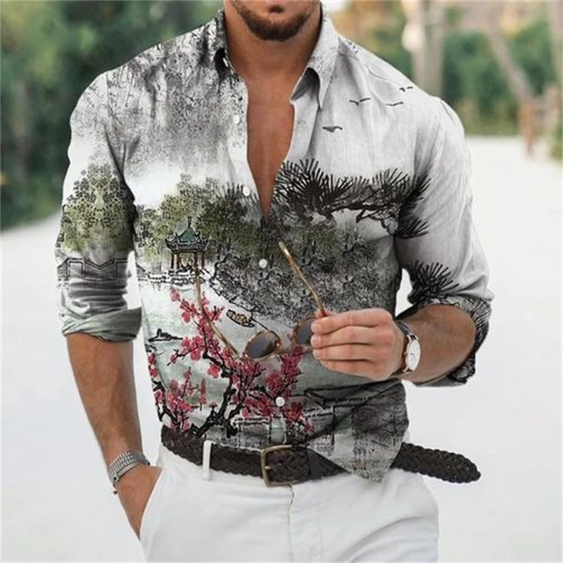 New 3D Print Chinese Ancient Style Ink Painting Casual Men'S Button Up Long Sleeve Shirt Party Daily Shirts Autumn Men Clothing