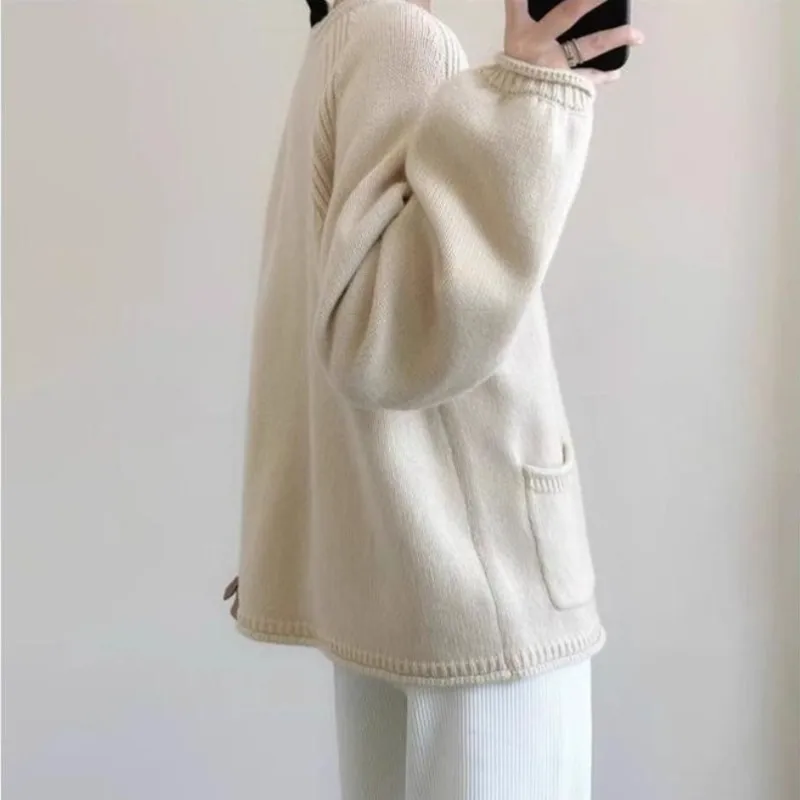 Blue Knitted Cardigan Sweater Coat Women\'s Autumn New Soft Glutinous Knitwear Jackets Chic Double Pocket O-neck Knitted Coat