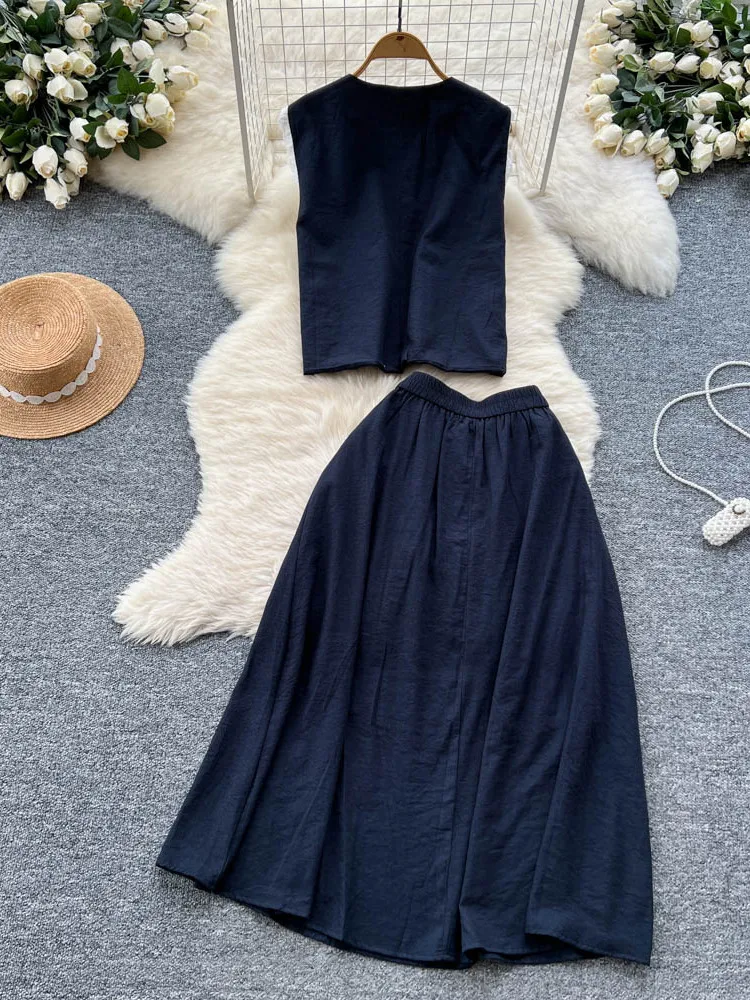 

Casual Lace Splice High Waist round Ne Women's Set Summer Sweet A-Line Skirt Single Button Top Lazy Sle Ensemble