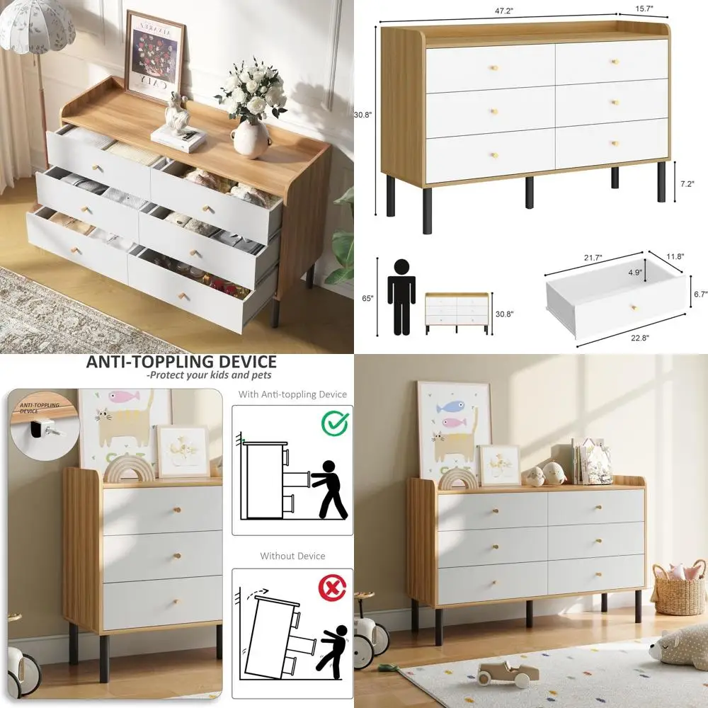 

Комод с 6 ящиками и ручками для детской или комнаты для малышей, массив дерева, подходит для прихожей, белый