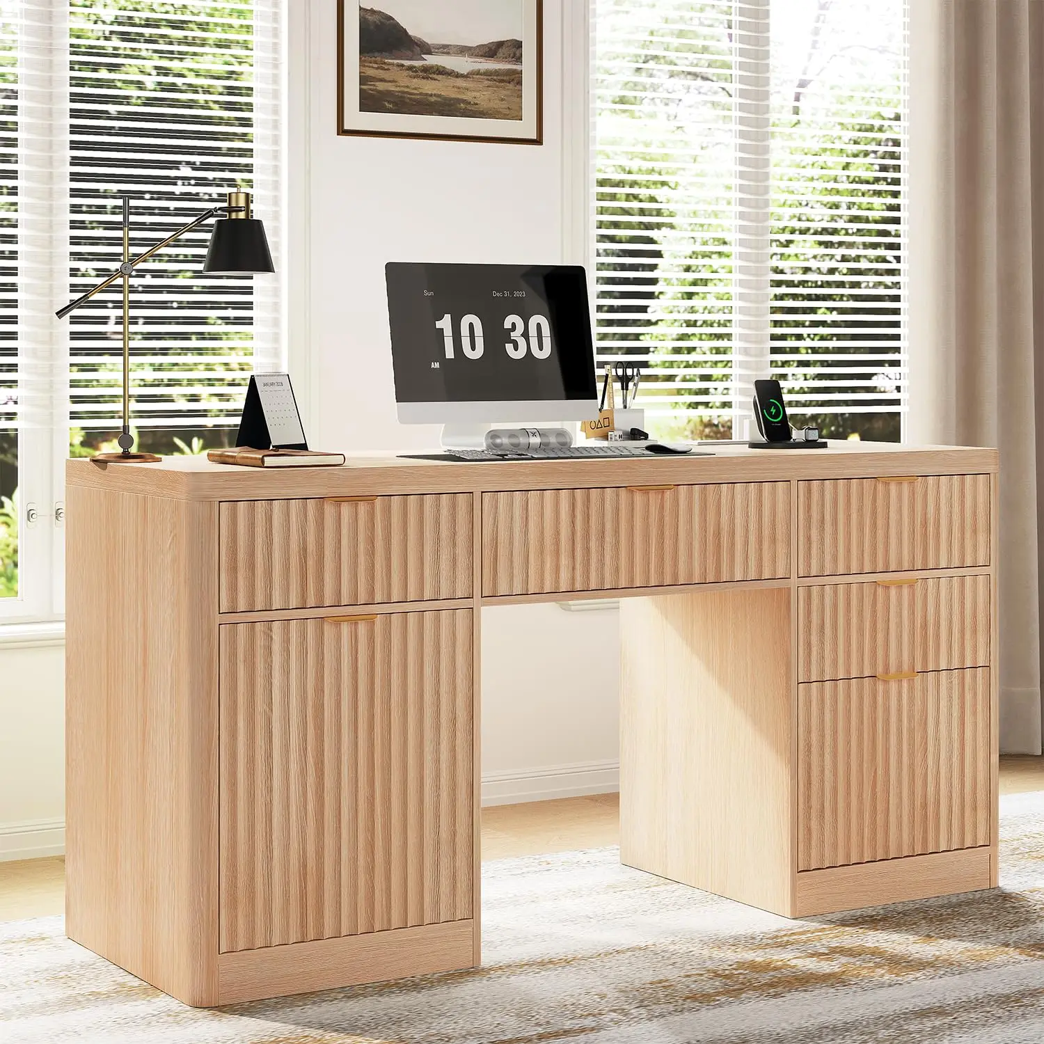 Fluted Executive Desk Wood Home Office Office Computer Workstation Table 58 Inch Natural, Customized