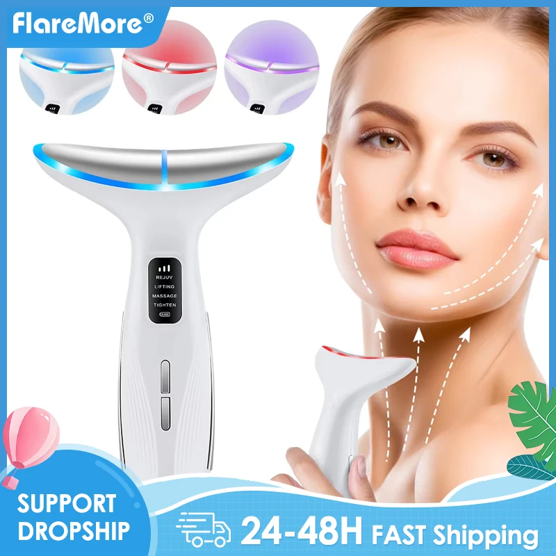 Masseur visage cou LED 3 couleurs Lifting vibrations effet antiâge Réduit double menton affine ovale lisse rides 3 modes intensités Peau ferme contours sculptés Usage maison facile dispositif de beauté