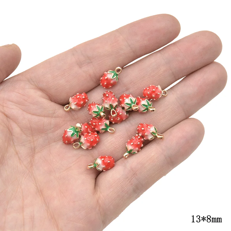 10pcs Alloy Metal Enamel Fruit Pendants 3D Strawberry Charms For DIY Earring Bracelet Necklace Jewerly Making Ornament