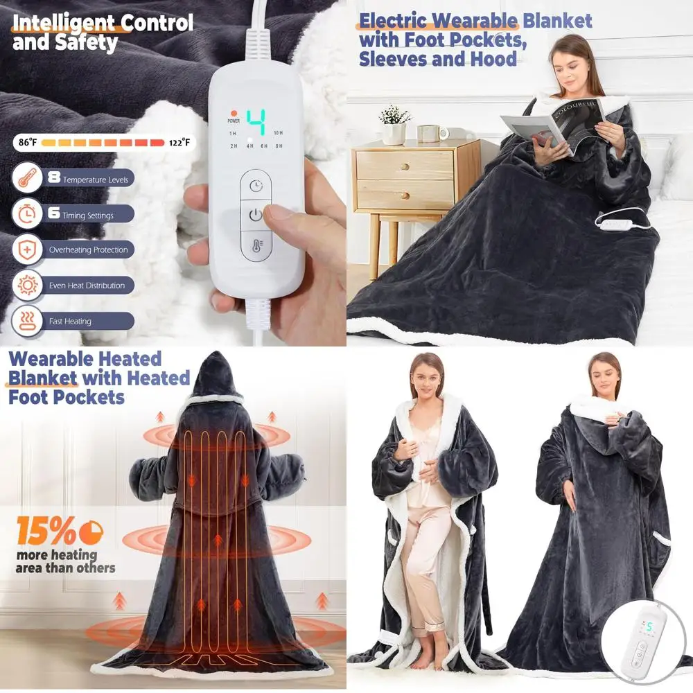 

Portable Electric Blanket with Sleeves and Hood, 8 Heat Settings, Auto-off, Ideal Gift, 50x83