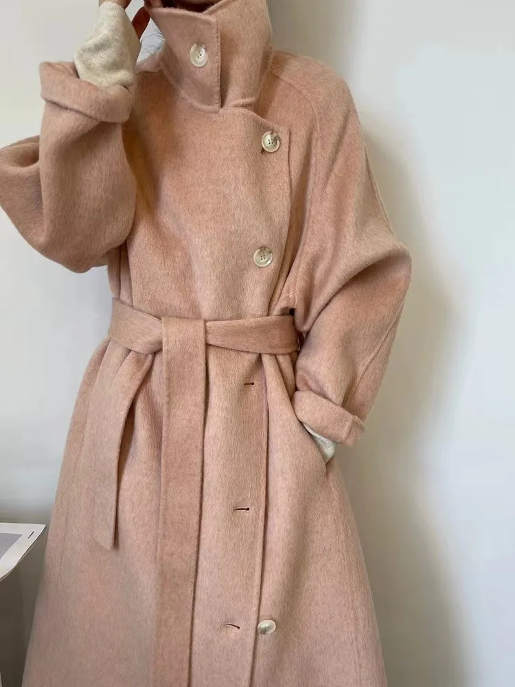 

Autumn and winter stand-up collar high-end loose and lazy thickened long-haired long big-name fan double-sided wool coat