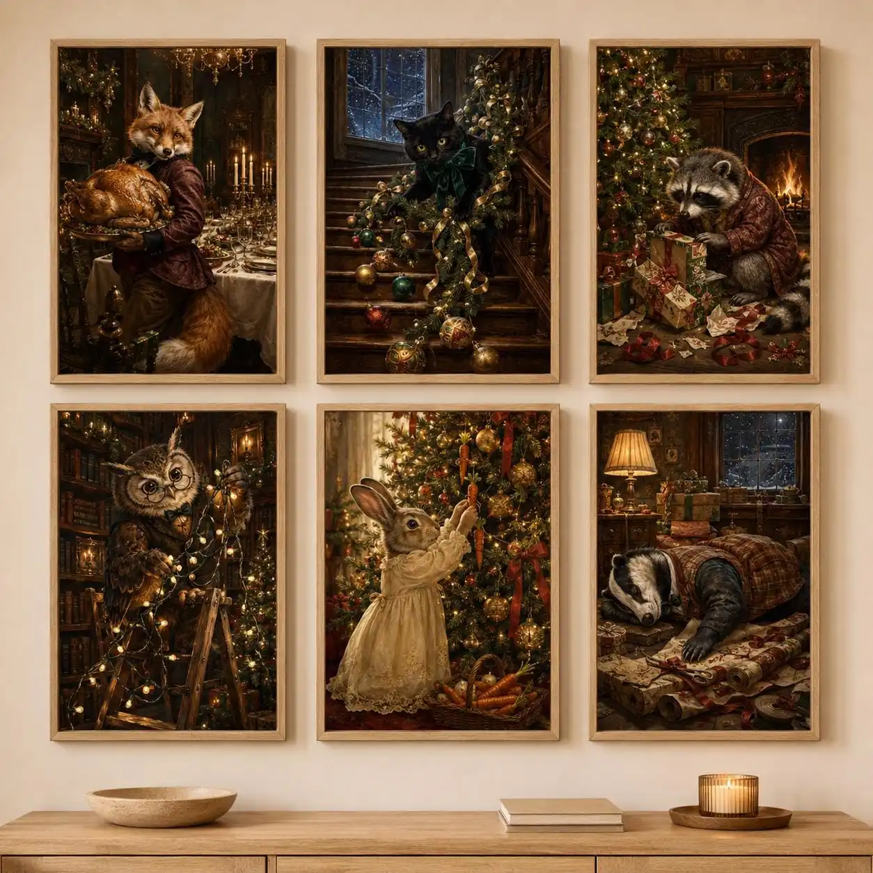6pcs/Set Whimsical Christmas Animal Wall Art Poster - Unframed Victorian Holiday Poster for Living Room and Bedroom Decorations