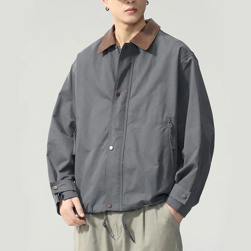 

American Retro Coat Men Autumn Streetwear Fashion Loose Casual Canvas Splice Leather Lapel Cargo Jacket Man Outerwear