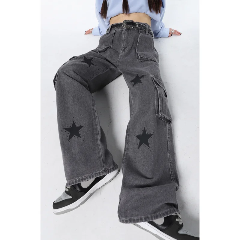 Vintage Grey High Waist Women Jeans Straight Baggy Denim Pants Stars American Fashion Streetwear Wide Leg Jean Female Trouser