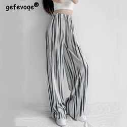 Korean Streetwear Harajuku Tie Dye Thin Ice Silk Straight Wide Leg Pants Women's Summer Casual Loose High Waist Pleated Trousers