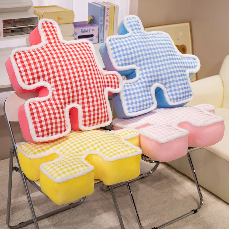 Grazioso puzzle peluche cuscino imbottito accogliente cuscino a quadretti colorato morbido cuscino per divano sedia arredamento creativo per la casa