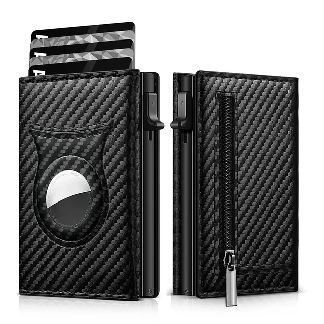 Męski klips na kartę magnetyczną z włókna węglowego Skórzana potrójnie składana karta RFID z portfelem na zamek błyskawiczny Pop Up Smart AirTag Wallet