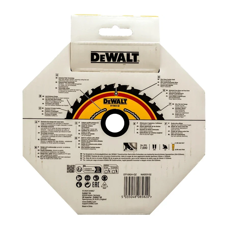 DEWALT DT10624-A9 Woodworking Saw Blade 24T Construction Circular Saw Blade Power Tool Accessories 165mm x 20mm