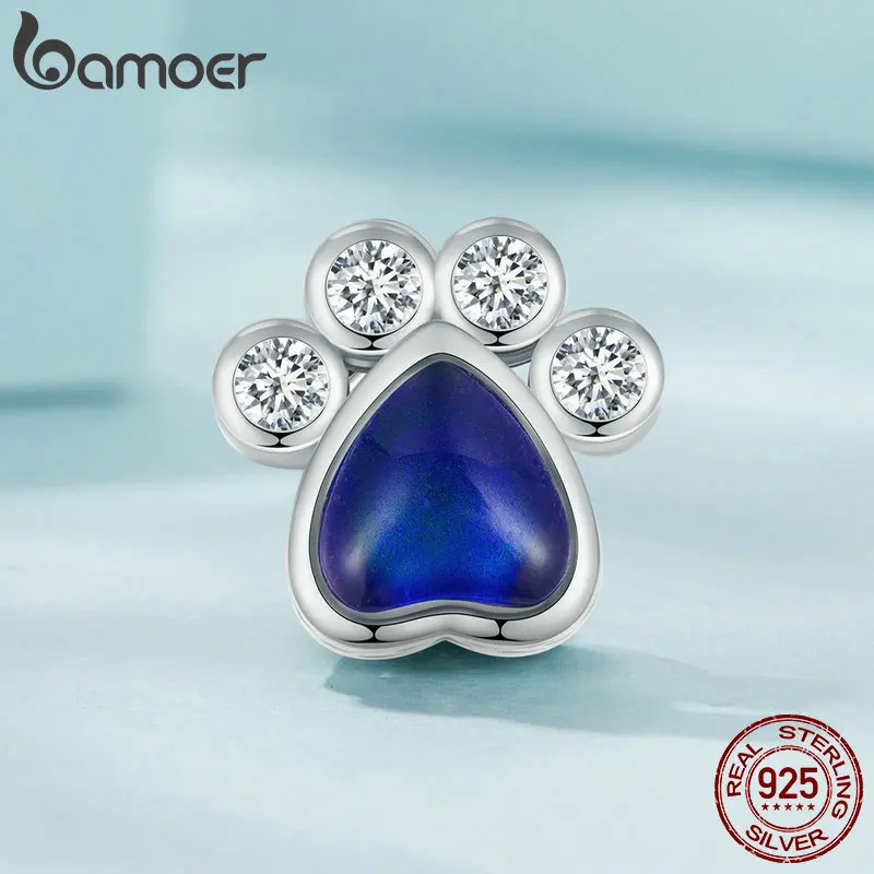 Bamoer 925 Sterling Silver Emotion Stone Beads Cute Pet Paw Charms for Women Girls Bracelet & Bangle DIY Fine Jewelry