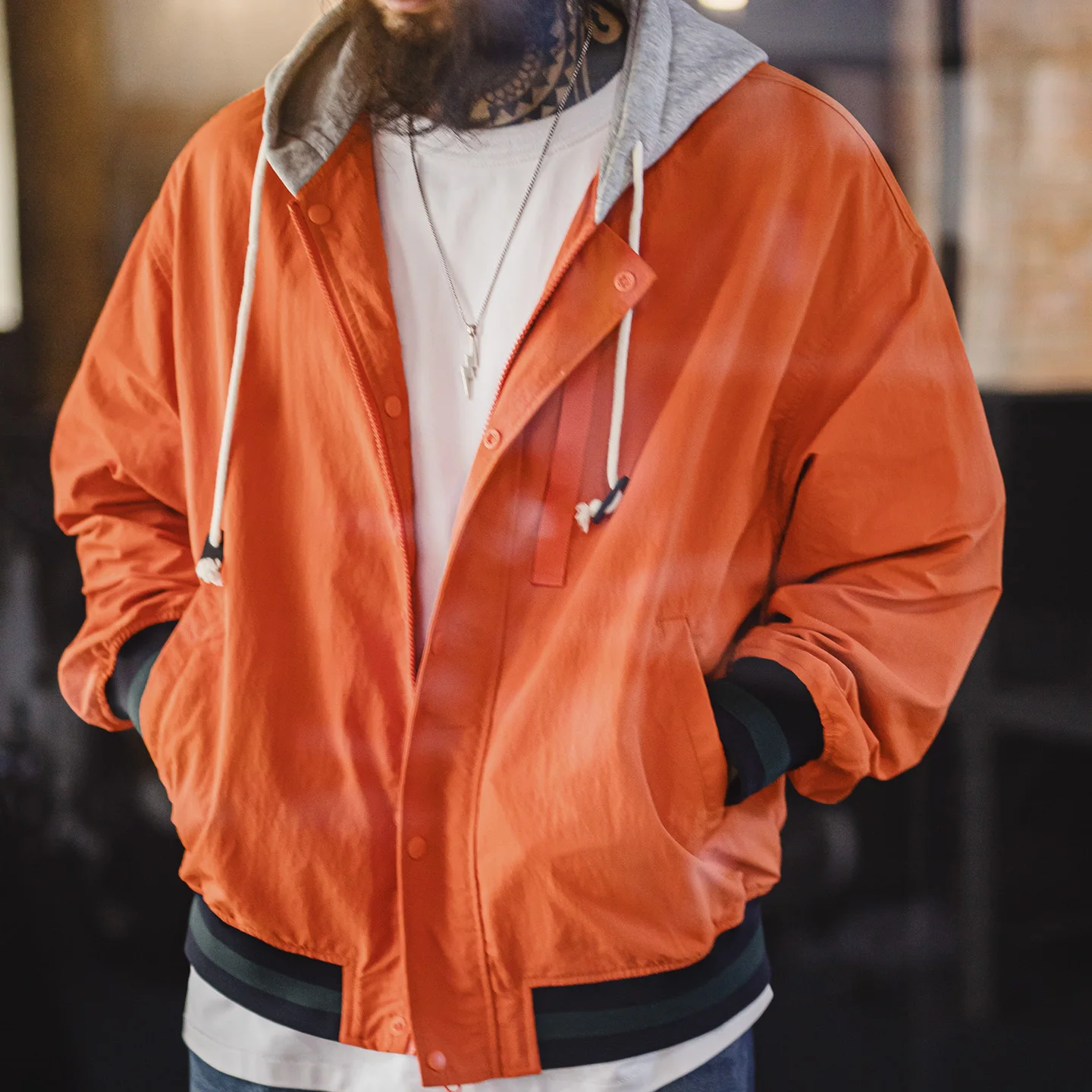 

Maden Men's Vintage Colorblock Hooded Jacket Lightweight Short Zip-Up Casual Coat Orange for Spring Fall Male Outwear