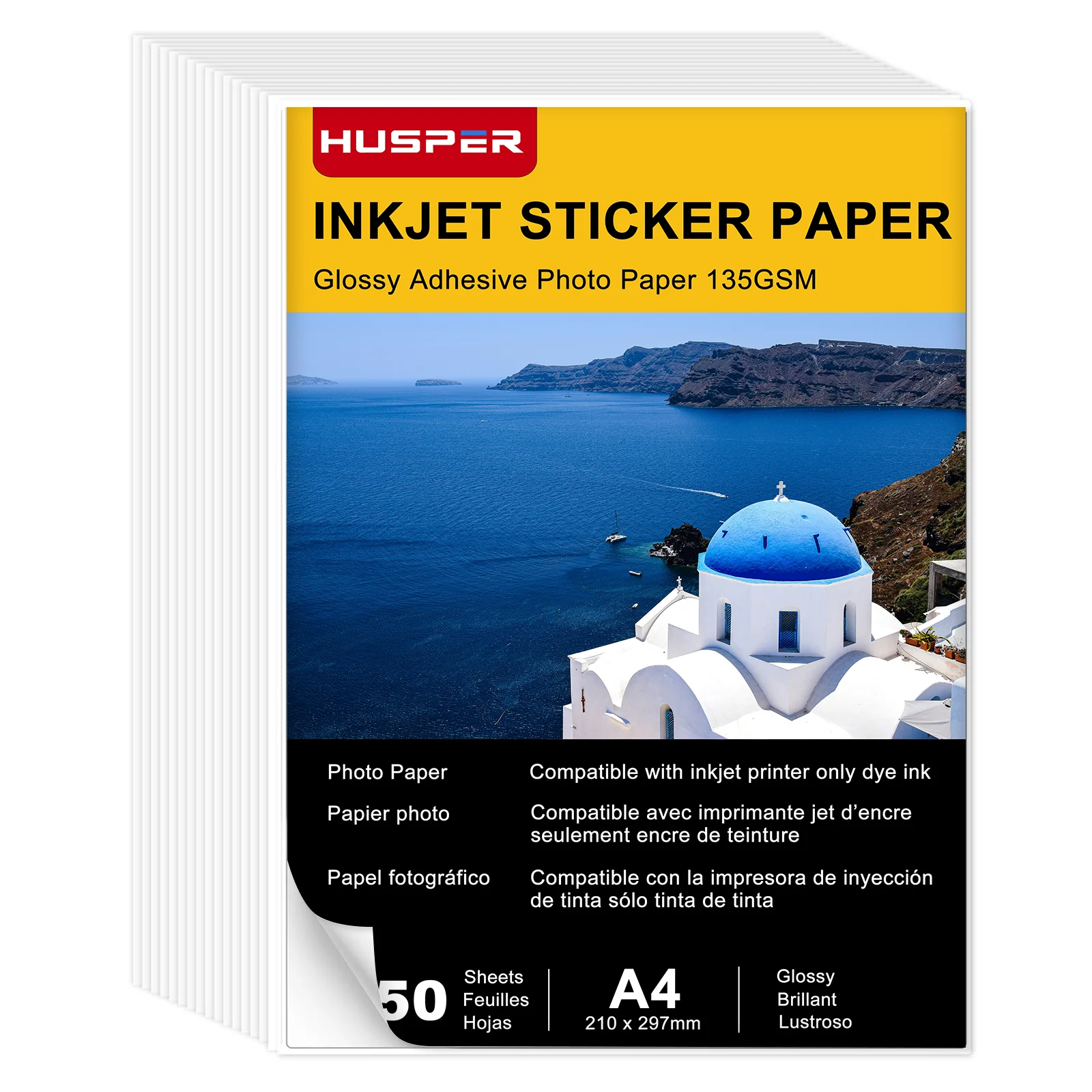 

50 Sheets A4 Glossy White Label Stickers Paper 135g Compatible with Inkjet Printer 8.3x11.7" for DIY Mailing Office Home Crafts