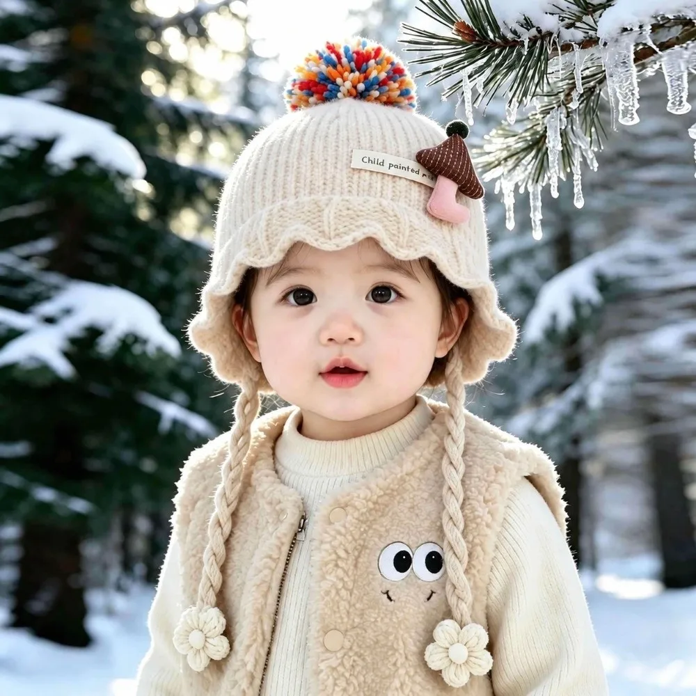 New Knitted Beanie Hat Braided Tassel Warm Winter Knit Hat Soft Ear Flap Hat For Girls