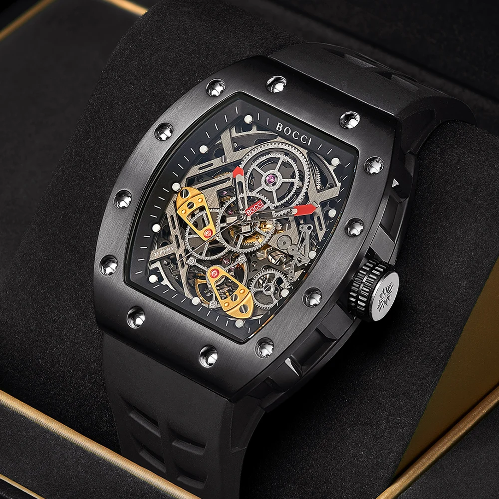 

Bocci Men's Watch: Automatic Mechanical, Water-Resistant, Large Dial, Barrel-Shaped Tourbillon Men's Wristwatch