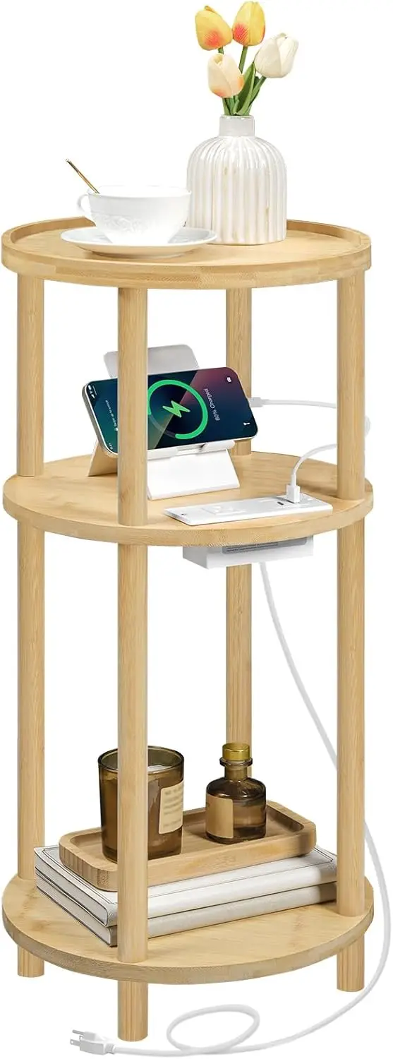 

3-Tier Round Bamboo Side Table with Charging Station, Compact for Small Spaces, Easy Assembly for Living Room Bedroom